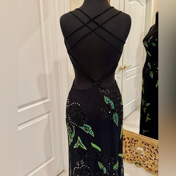Elegant hand, beaded Black and Green floral with rhinestone Maxi Dress - Picture 3 of 10